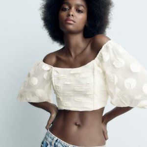 ZARA White Balloon Sleeve Crop Top